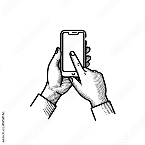 Hands holding and using a smartphone with finger touching it , hand holding a mobile phone vector  on transparent background , no background 