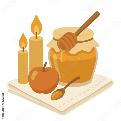 Honey jar with apple and candles for Honey Feast Day celebration  