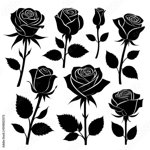 set of roses vector , Collection of black rose silhouettes on a white background on transparent background , no background 