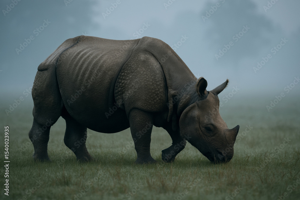 Fototapeta premium Solitary rhinoceros grazing peacefully on a misty grassland during early morning with soft, diffused natural light