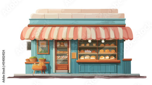 A digital illustration depicting a charming bakery shop. The building is teal with a peach and white striped awning. The storefront features a large window display showcasing various breads 