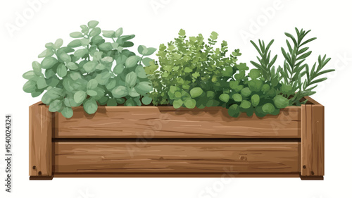 A digitally rendered image depicting a rectangular, light brown wooden planter box containing four different types of herbs.  The herbs are vibrant green and appear lush. The box has a simple,