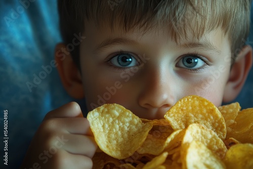 Children Tasting Junk Food: Little Boy Biting into Potato Chips