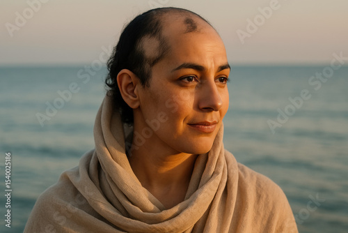 Confident woman with alopecia wrapped in a beige shawl gazes thoughtfully at the serene ocean horizon during sunset