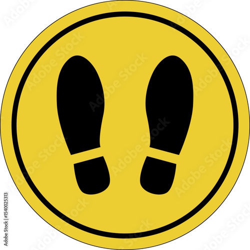 Floor markings. Stand here. Social distancing. Yellow circle sticker. Warning icon. Sign yellow. Circle label.