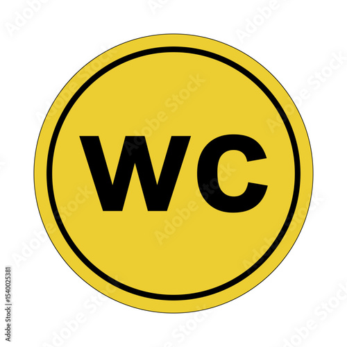 WC. Toilet. Yellow circle sticker. Warning icon. Yellow sign. Circle label.