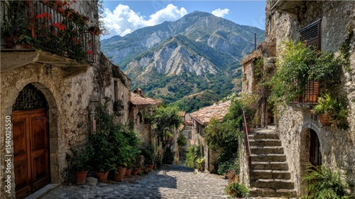 Stone houses and plants decorating the streets of an ancient Italian village in the mountains