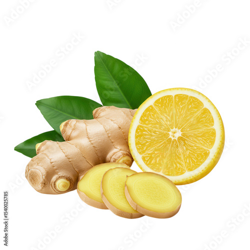 Fresh ginger root lemon slices and leaves isolated on transparent background