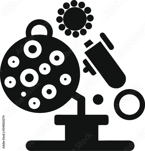 "Cells under microscope icon, black flat design, medical illustration"












