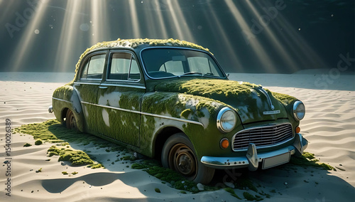 yellow taxi cab. Vintage car covered in moss on sandy beach