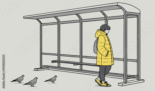 A teenager stands at a cozy bus stop in a vibrant yellow puffer jacket, surrounded by quietness, empty seats, and curious pigeons pecking at the ground            