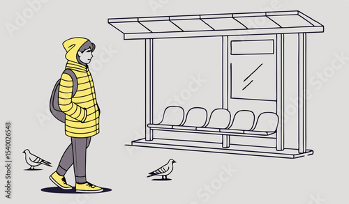 A teenager stands at a cozy bus stop in a vibrant yellow puffer jacket, surrounded by quietness, empty seats, and curious pigeons pecking at the ground            