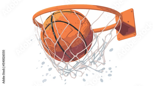 A close-up illustration depicts an orange basketball passing through a basketball hoop's net. The net is slightly distorted, suggesting the impact of the ball. The colors are primarily orange and