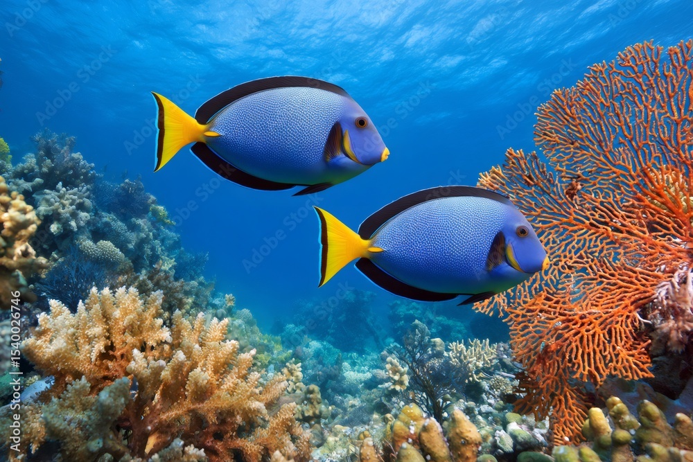 Fototapeta premium Two powder blue tang fish swimming over a coral reef