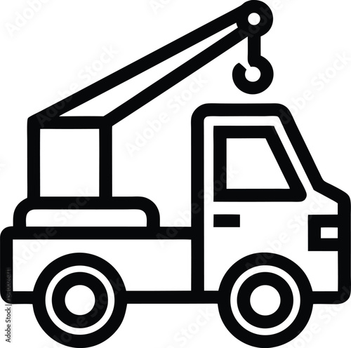 "Crane truck icon in black outline style with extended boom arm and hook."










