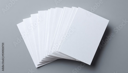 A fanned stack of blank, rectangular, white cards on a gray background, showcasing clean, minimalist design