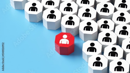 Red standout human figure among white figures symbolizing uniqueness and leadership and the concept of standing out in a group or system.