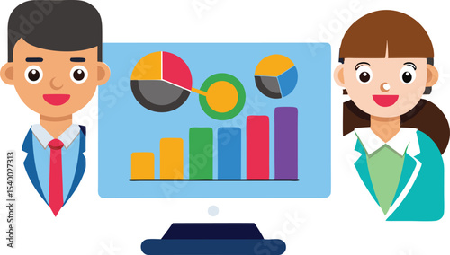 Funny cartoon business people set with manager, businessman, and woman illustrations at the office desk