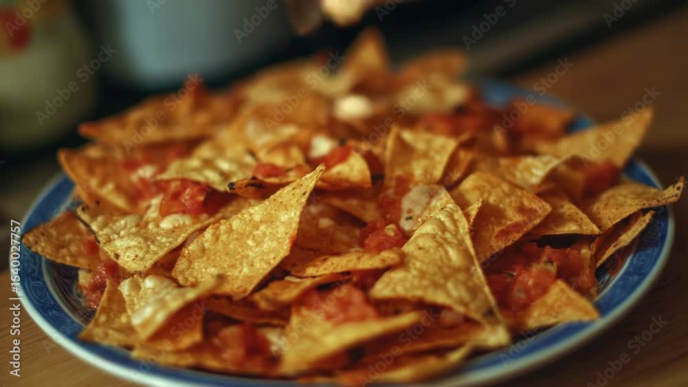 A plate of tortilla chips arranged on a table, perfect for snacking or as part of a party spread.