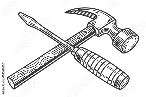 Hand Drawn Hammer and Screwdriver Crossed Illustration in Black and White