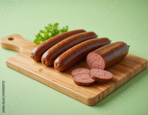 Sausage displayed on a wooden cutting board with fresh herbs, showcasing delicious slices for meal preparation