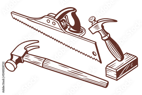 Hand tools for woodworking including a hand plane saw and hammers