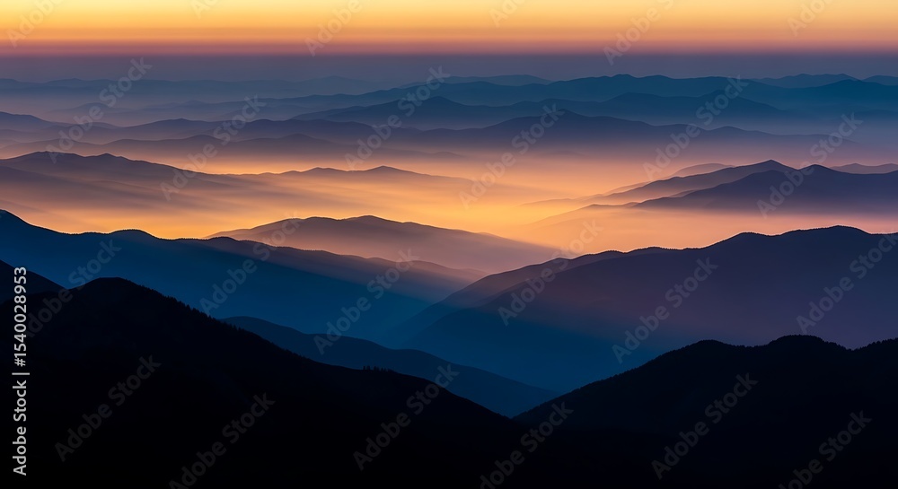 Fototapeta premium Majestic Sunrise Over Misty Mountains A Breathtaking Panorama of Serene Peaks and Golden Hues