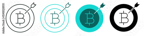 Bitcoin goal symbol. Cryptocurrency, money, business or investment concept. Line and solid icon set. Bitcoin, target and arrow. Color or black logo for web, ui, or mobile app. Editable vector stroke.