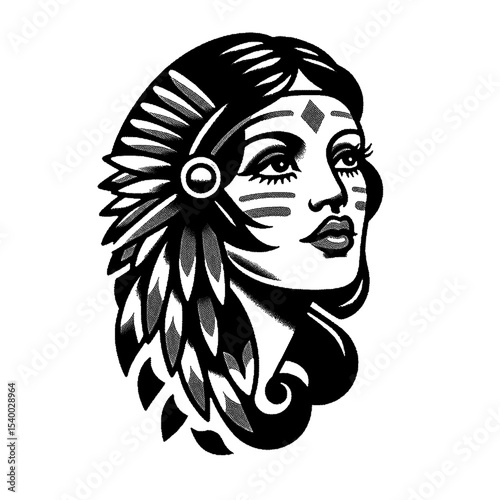 Bold native american woman, high detailed sketch art