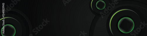 Abstract black circle dimensional horizontal banner background with green neon light design