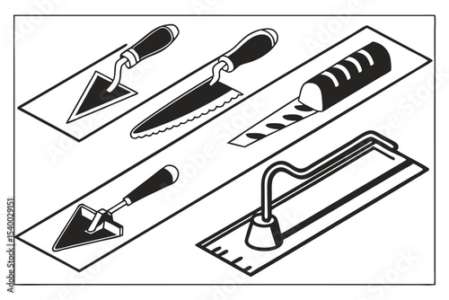 Black and white illustration of various masonry and tiling tools on a surface
