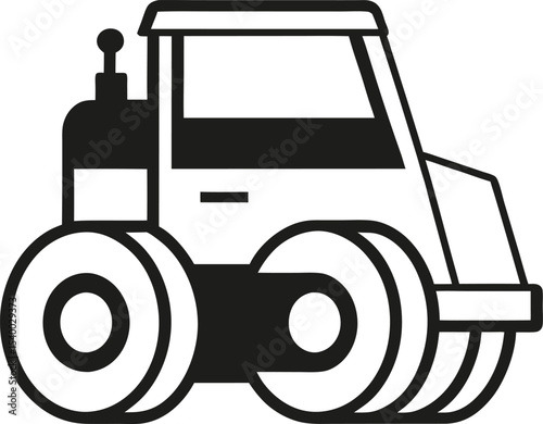 Icon of an asphalt compactor vehicle in line art style with wide front drum and small rear wheels line art black and white








