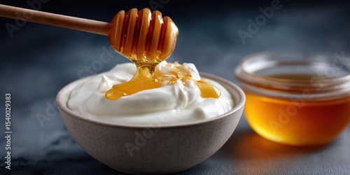 Golden honey drizzling into creamy yogurt in stoneware bowl