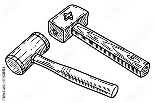 Hand Drawn Illustration of Two Mallets for Woodworking and Carpentry