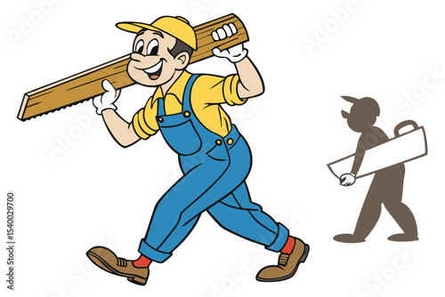Cartoon Carpenter Carrying Lumber with Shadow on White Background