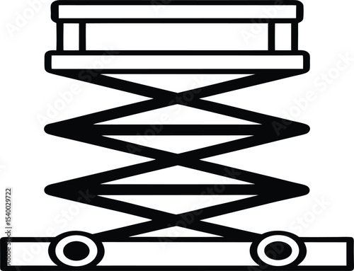 
"Line art of a scissor lift with extended crossbar mechanism, black and white icon."














