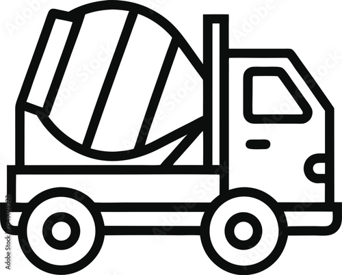 "Line icon of a concrete mixer truck, outlined in black with rotating drum visible."


