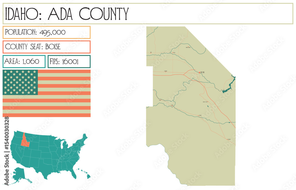 Obraz premium Large and detailed map of Ada County in Idaho USA.