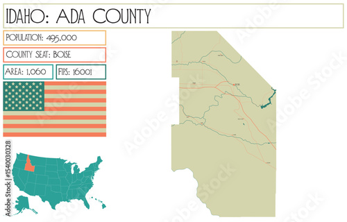 Large and detailed map of Ada County in Idaho USA.