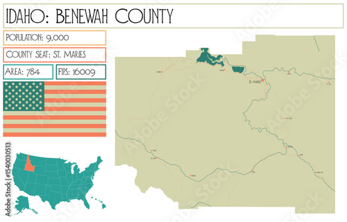 Large and detailed map of Benewah County in Idaho USA.