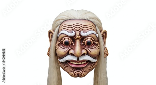 Colorful Balinese Topeng Tua Mask with Wrinkled Face and Serene Smile, Isolated on White Background. Generative AI