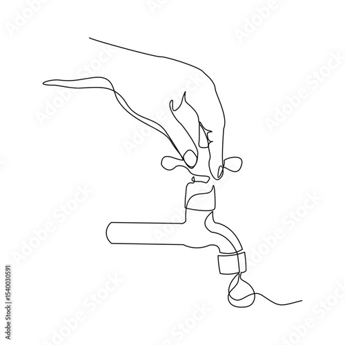 Continuous line hand holding water tap faucet sink bathroom and kitchen equipment household domestic sketch drawing editable stroke vector illustration