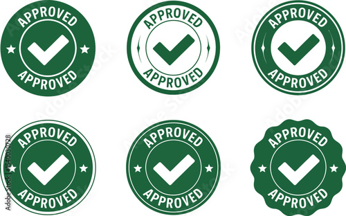 A collection of six green approved stamps with check marks on a white background in a vector format