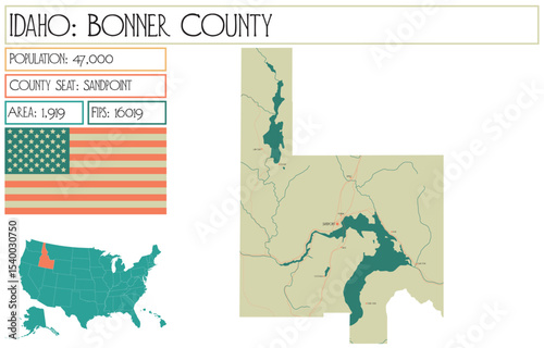 Large and detailed map of Bonner County in Idaho USA.