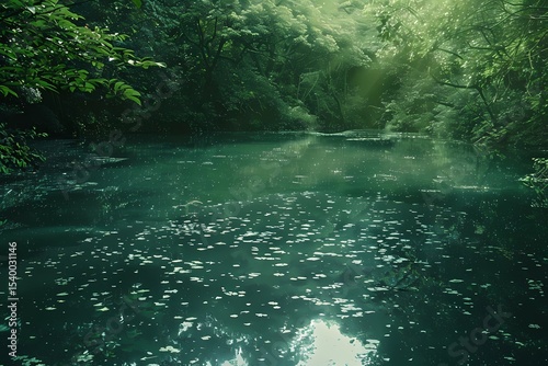 Emerald Green Lake Surrounded by Forest and Clear Blue Sky