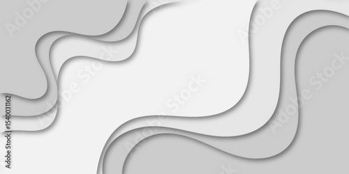 Abstract flowing wave layers in grayscale with soft shadows create a modern 3D paper-cut effect. Use as a minimalistic background for design, technology, or corporate presentation themes.
