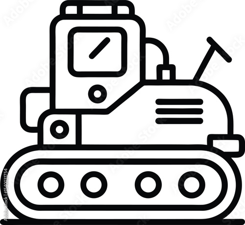 "Outline icon of a bulldozer with caterpillar tracks and front blade, construction equipment, simple black line style."



