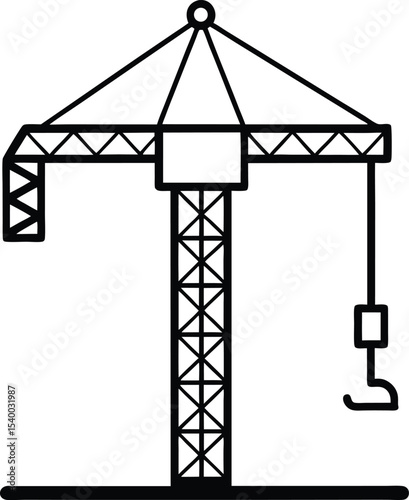 Outline of a construction tower crane with lattice structure and hanging hook.





