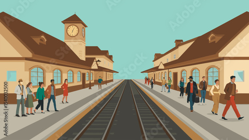 Flat vector illustration of a busy train station with people waiting on the platform, old-style buildings, and railway tracks