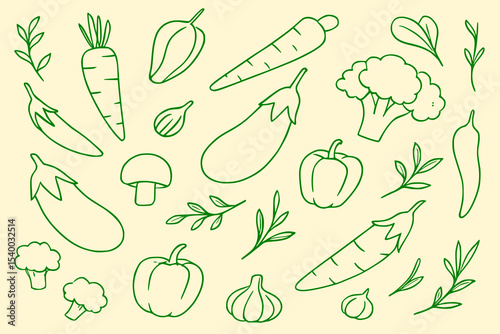 Hand Drawn Green Outline Vegetable and Herb Doodle Set